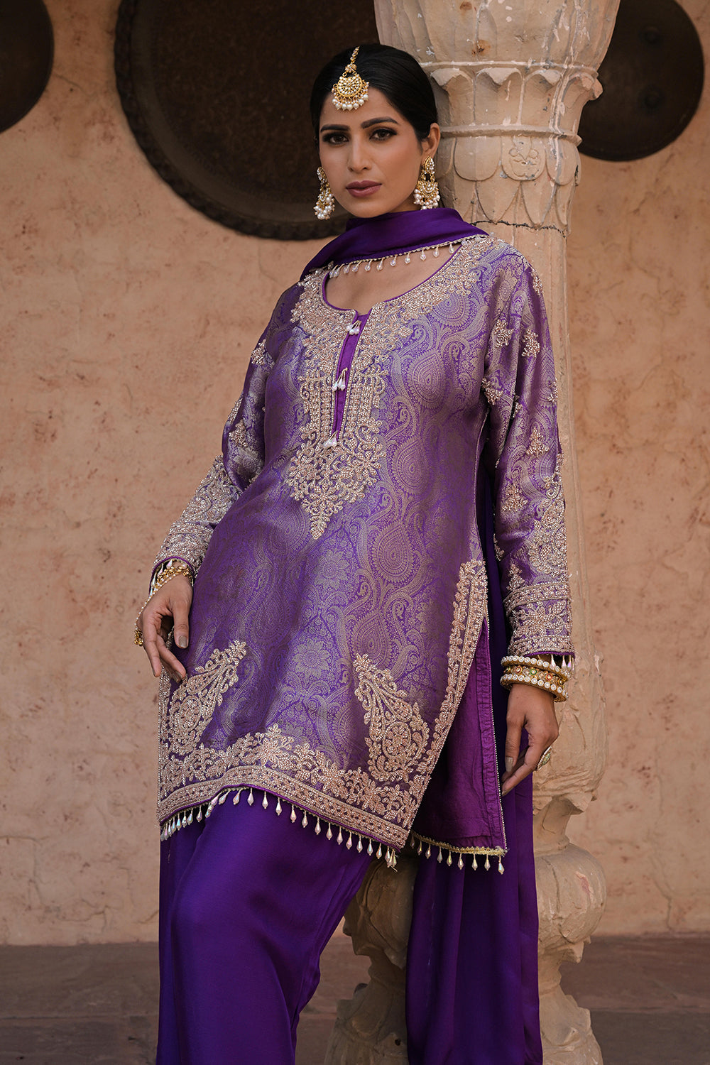 Royal Purple Brocade Kurti Pant Set Designer Party Outfit
