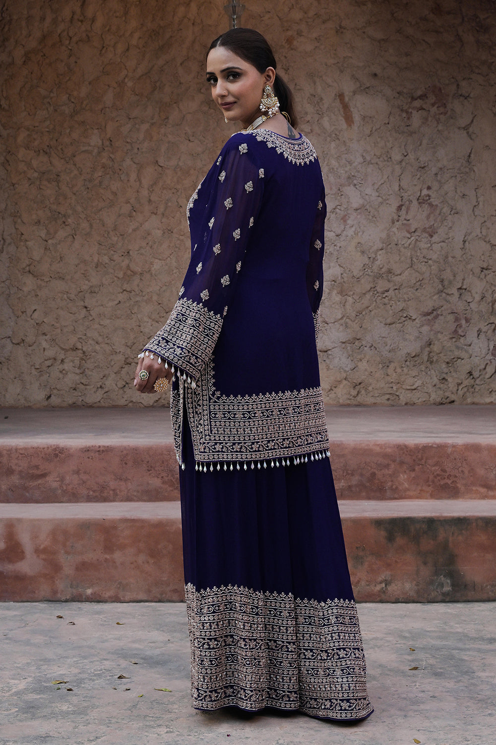 Royal Purple Georgette Beads Embroidered Kurta Palazzo Set