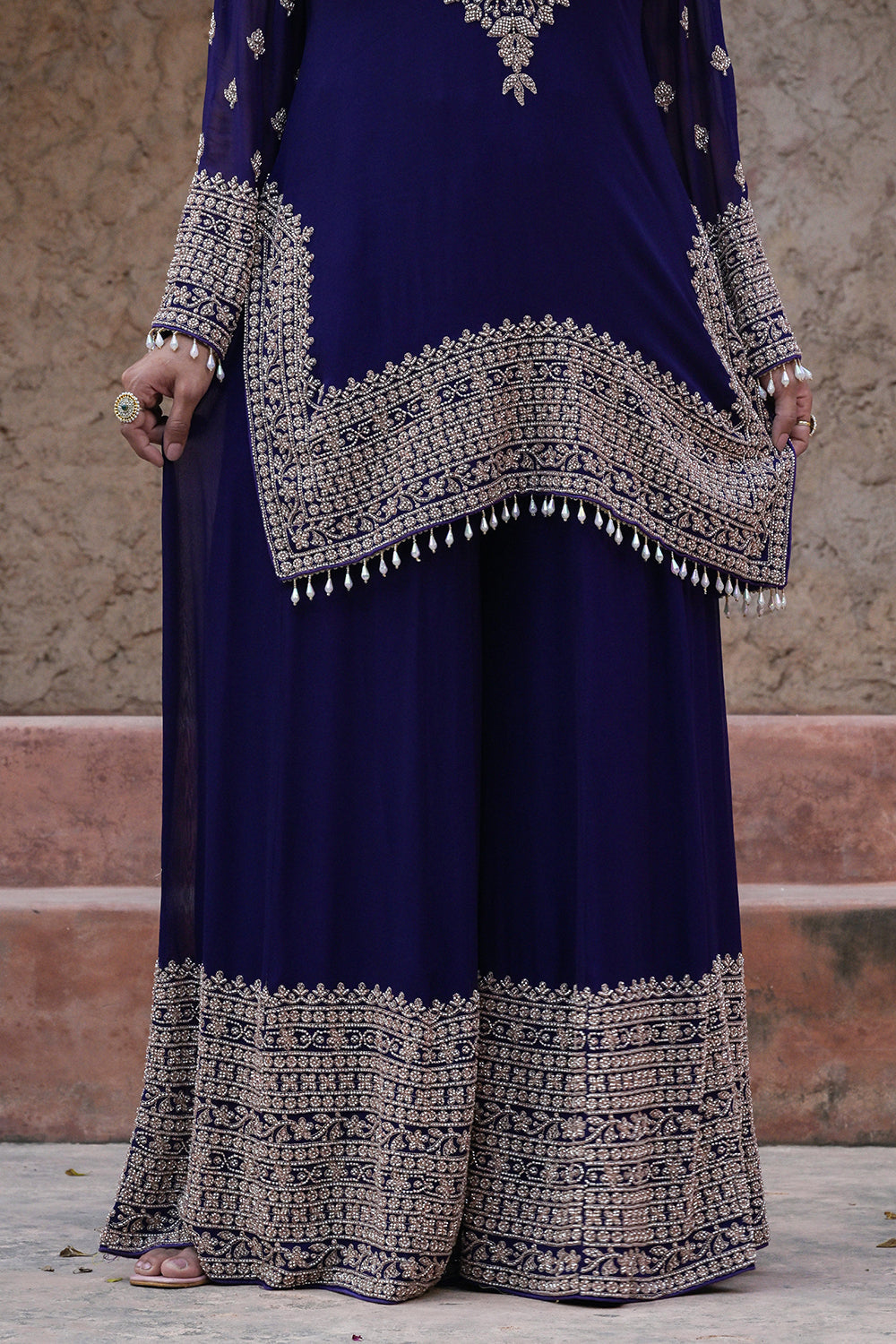 Royal Purple Georgette Beads Embroidered Kurta Palazzo Set
