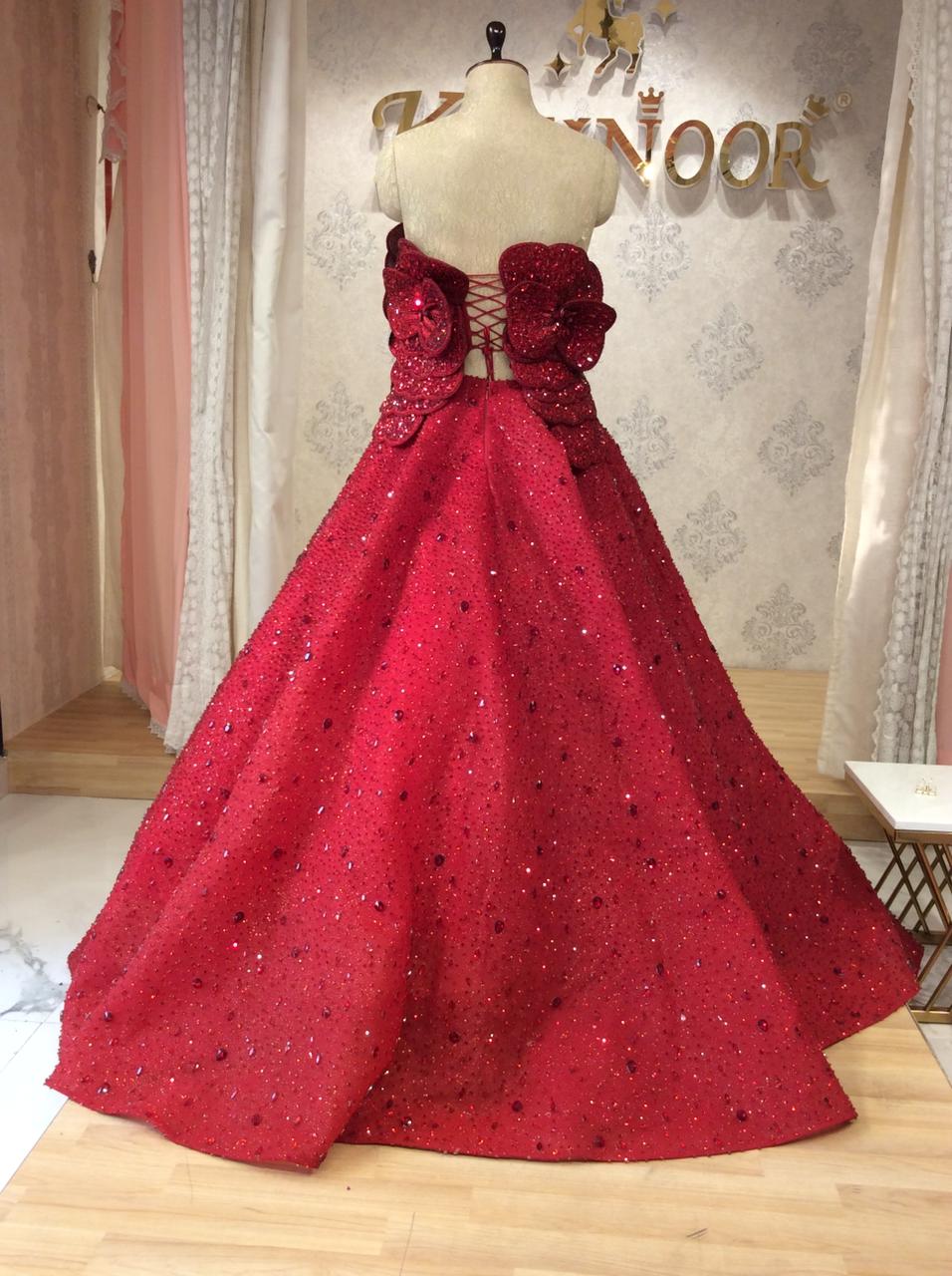 Ruby Red 3D Floral Ball Gown with Heavy Crystal Embellishment