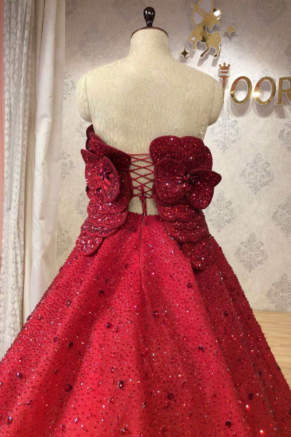 Ruby Red 3D Floral Ball Gown with Heavy Crystal Embellishment