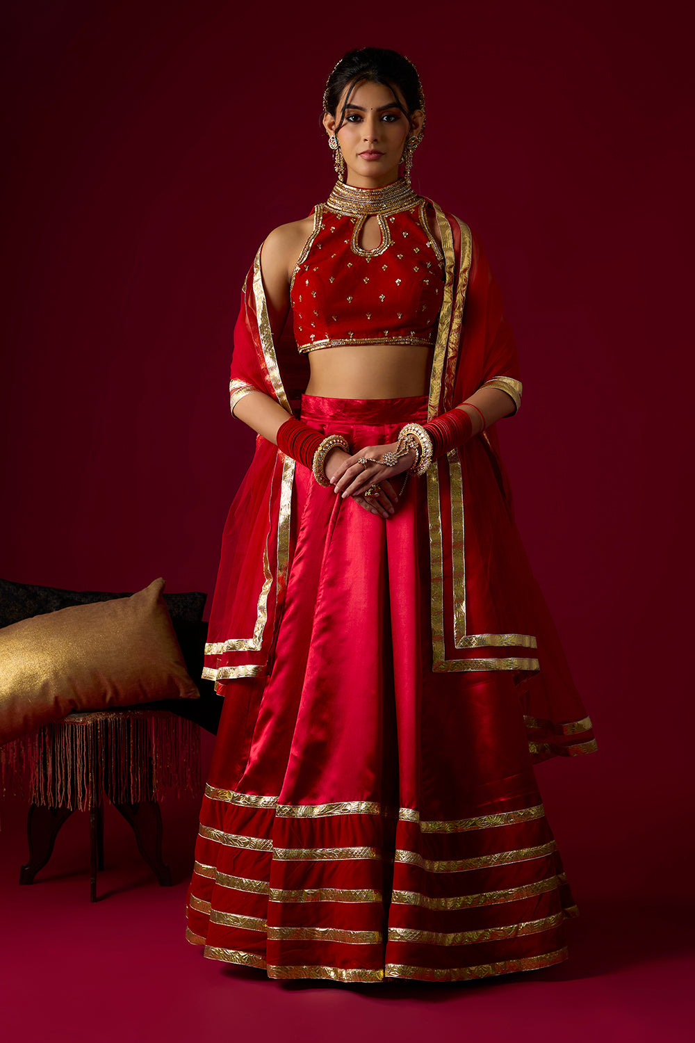 Ruby Red Russian Silk Satin Lehenga with Velvet Blouse Set