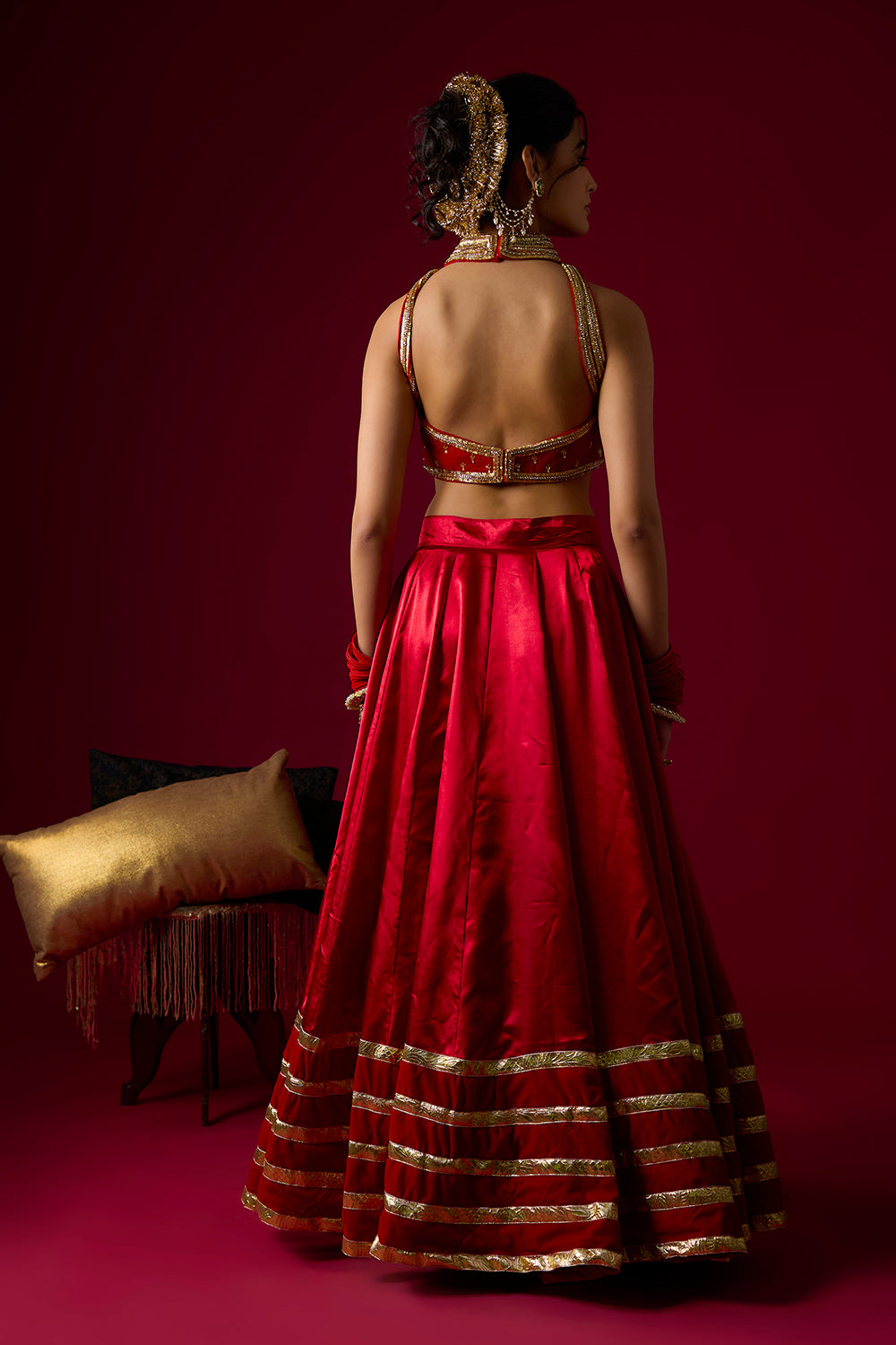 Ruby Red Russian Silk Satin Lehenga with Velvet Blouse Set