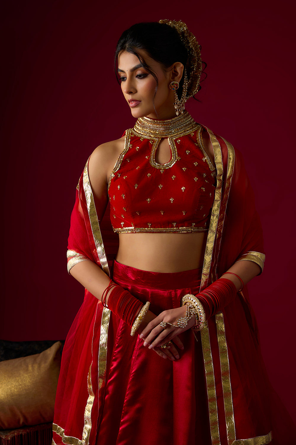 Ruby Red Russian Silk Satin Lehenga with Velvet Blouse Set