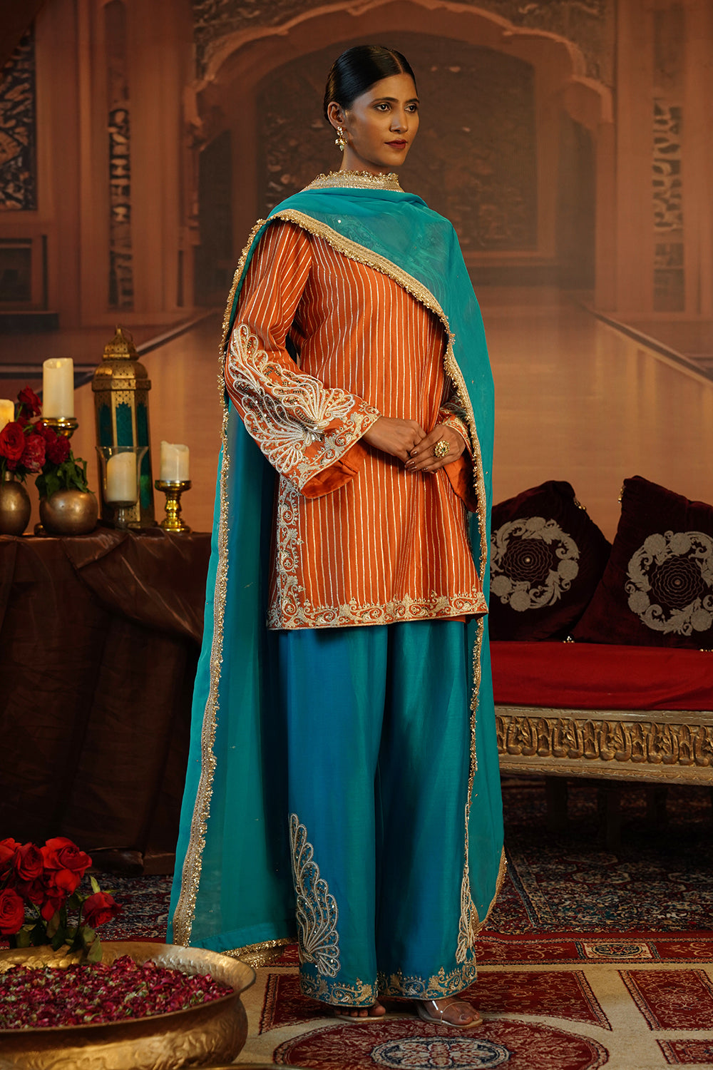 Rust And Teal Silk Kurta Set