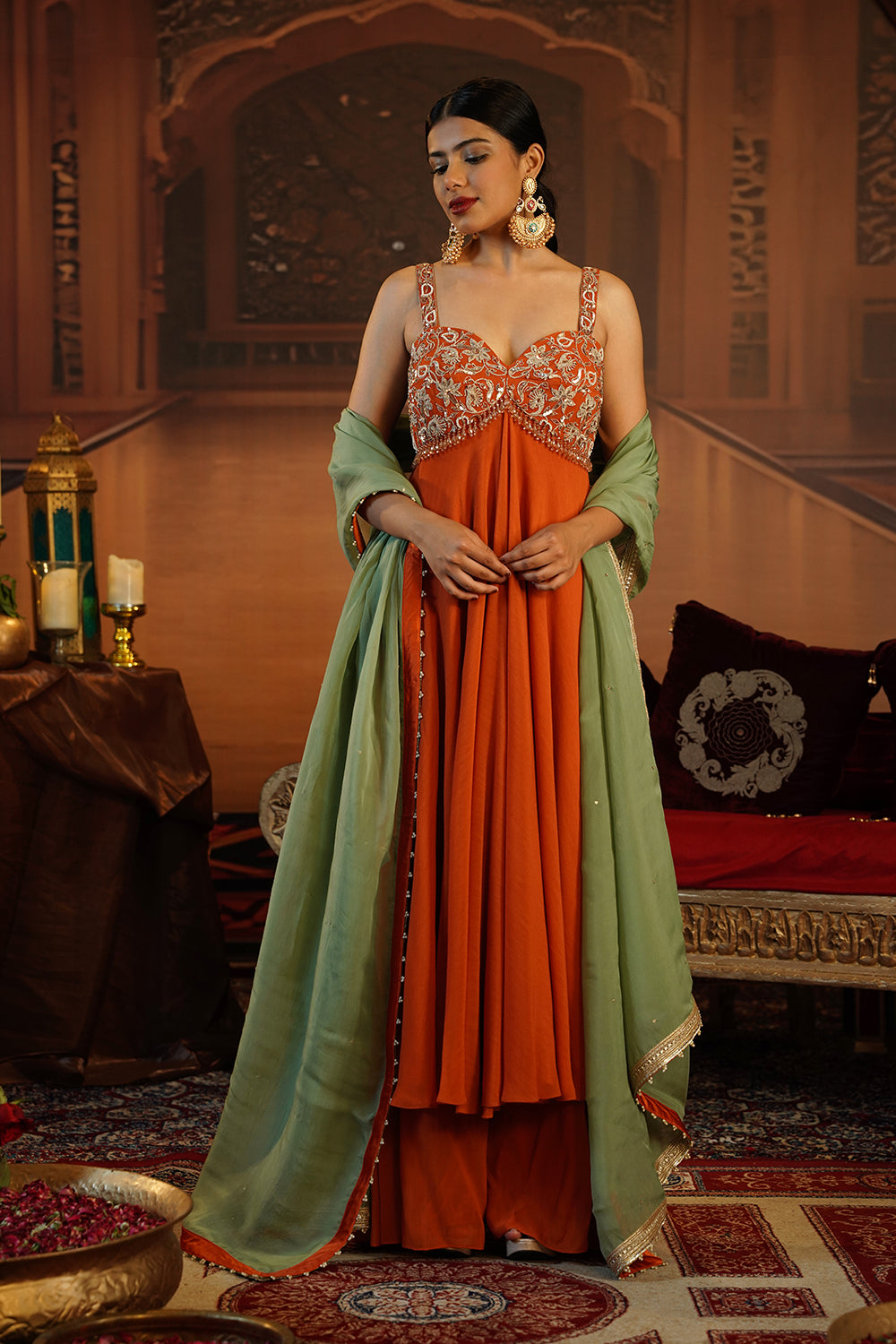 Rust Georgette Anarkali Paired With Stylish Flared Pants