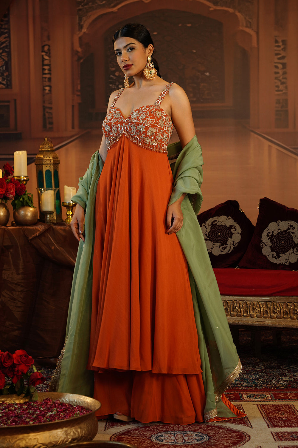 Rust Georgette Anarkali Paired With Stylish Flared Pants