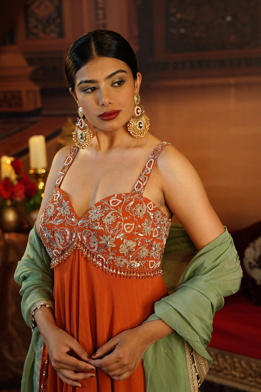 Rust Georgette Anarkali Paired With Stylish Flared Pants