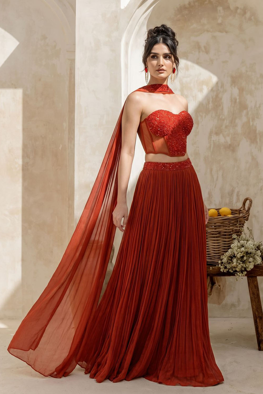 Rust Orange Corset with pleated Skirt & Dupatta