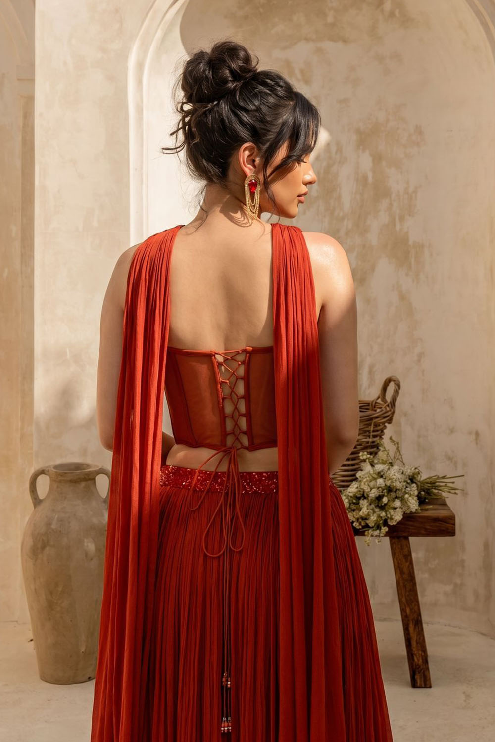 Rust Orange Corset with pleated Skirt & Dupatta