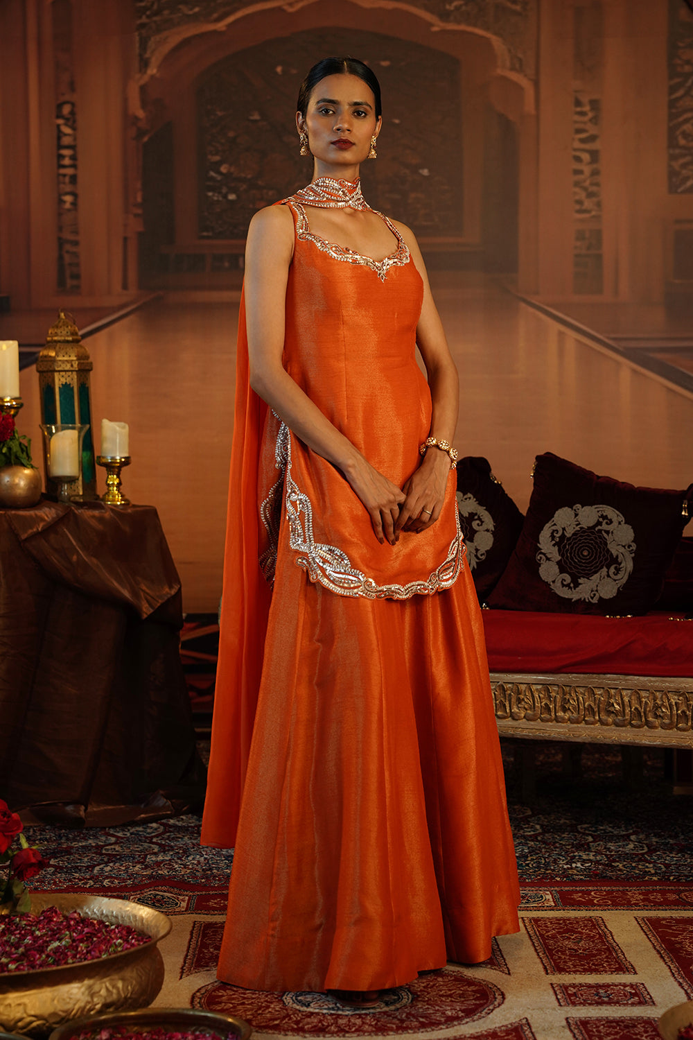 Rust Orange Kasab Silk Sharara Set