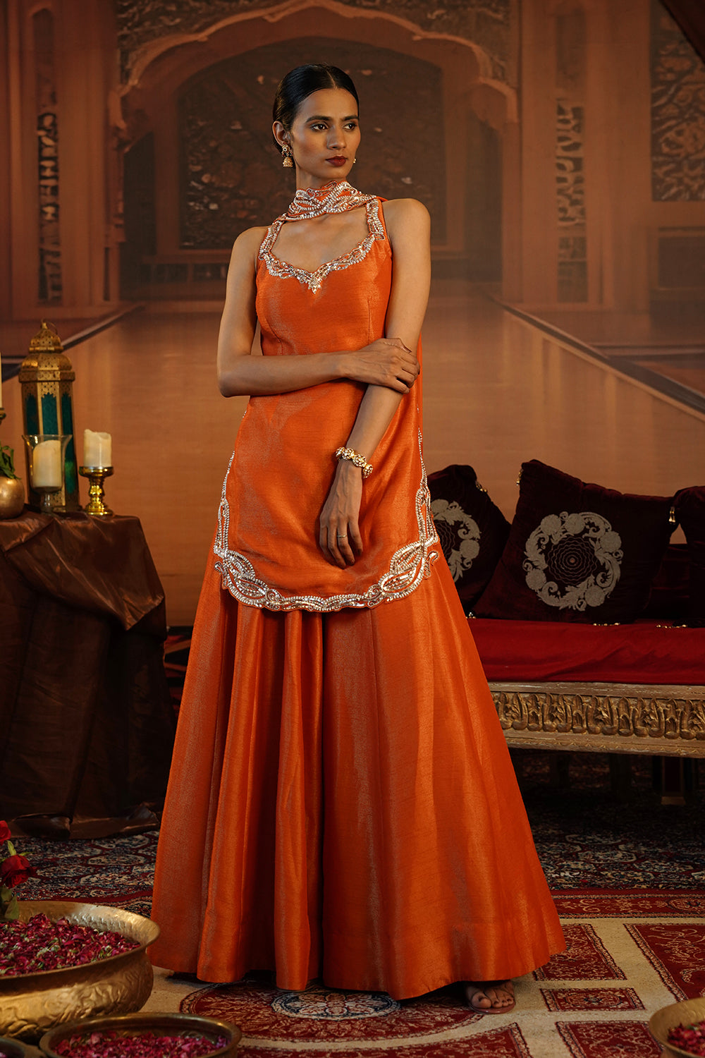 Rust Orange Kasab Silk Sharara Set
