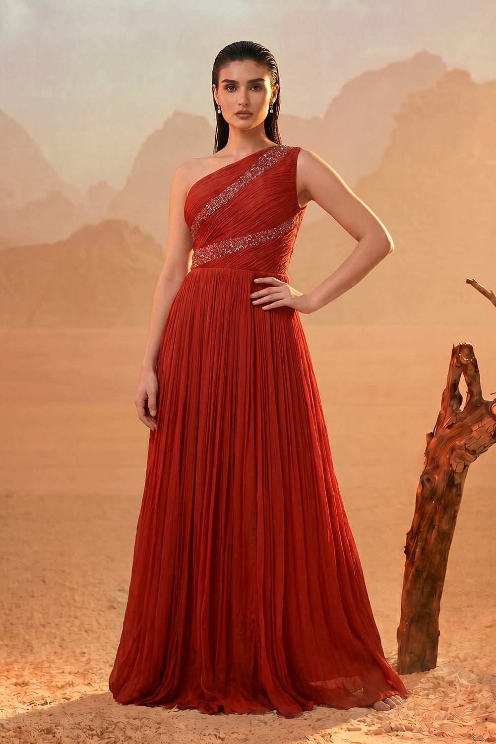 Rust Orange One-Shoulder Gown