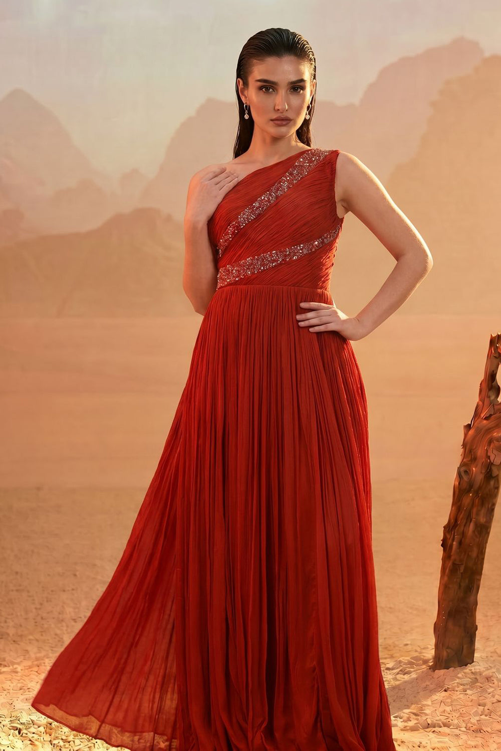Rust Orange One-Shoulder Gown
