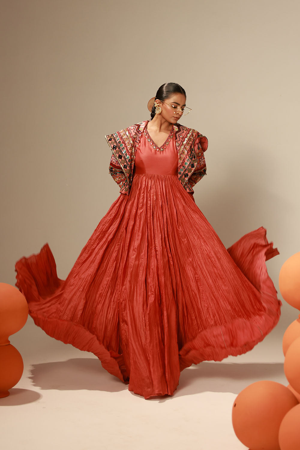 Rust-Red Crushed Flared Anarkali Gown