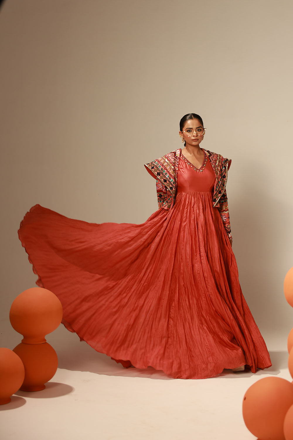 Rust-Red Crushed Flared Anarkali Gown