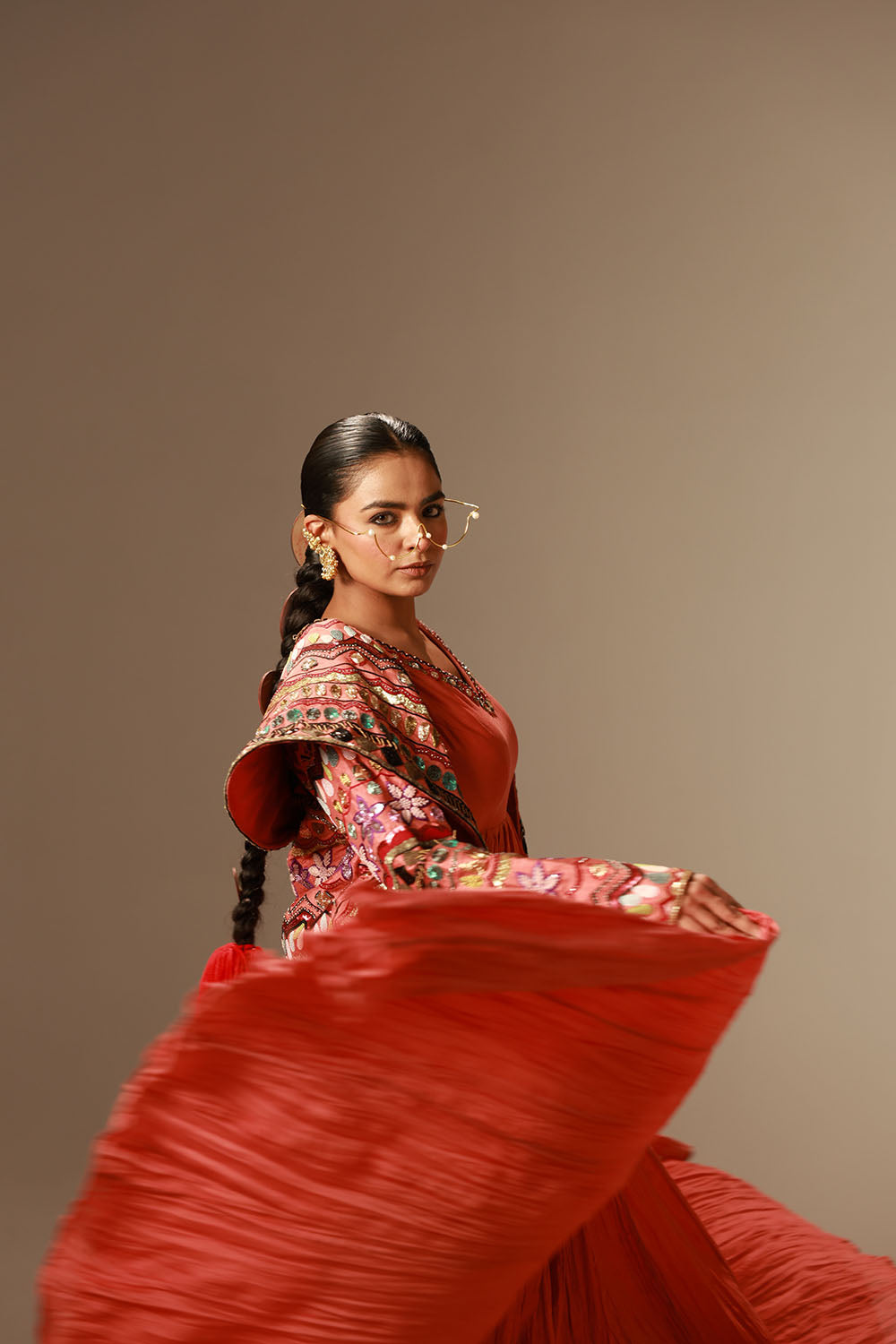 Rust-Red Crushed Flared Anarkali Gown