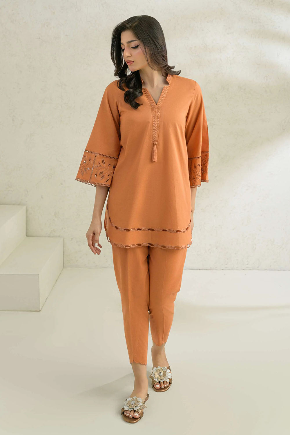 Rust Solid Embellished Three-Quarter Sleeve Co-Ord Sets