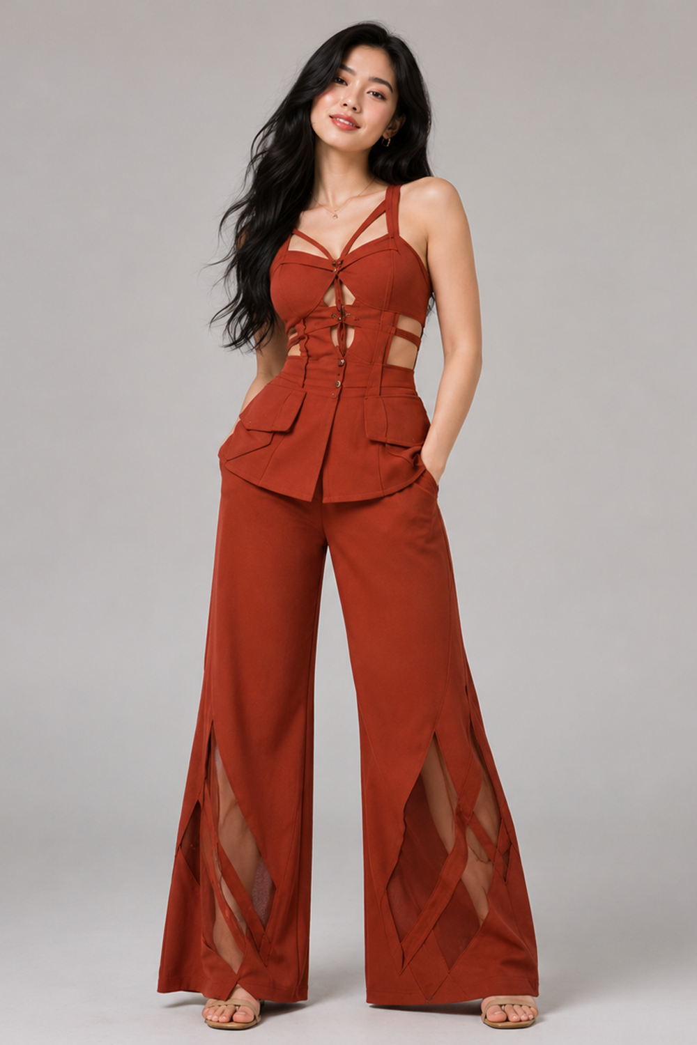 Rust Structured Sweetheart Corset Top & Wide-Leg Pants Set