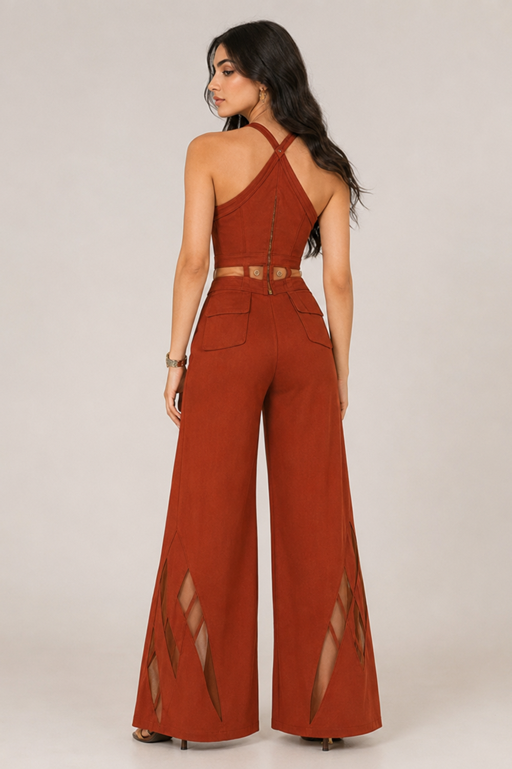 Rust Structured Sweetheart Corset Top & Wide-Leg Pants Set