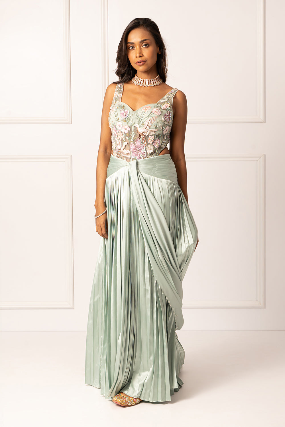 Sage green drape saree set