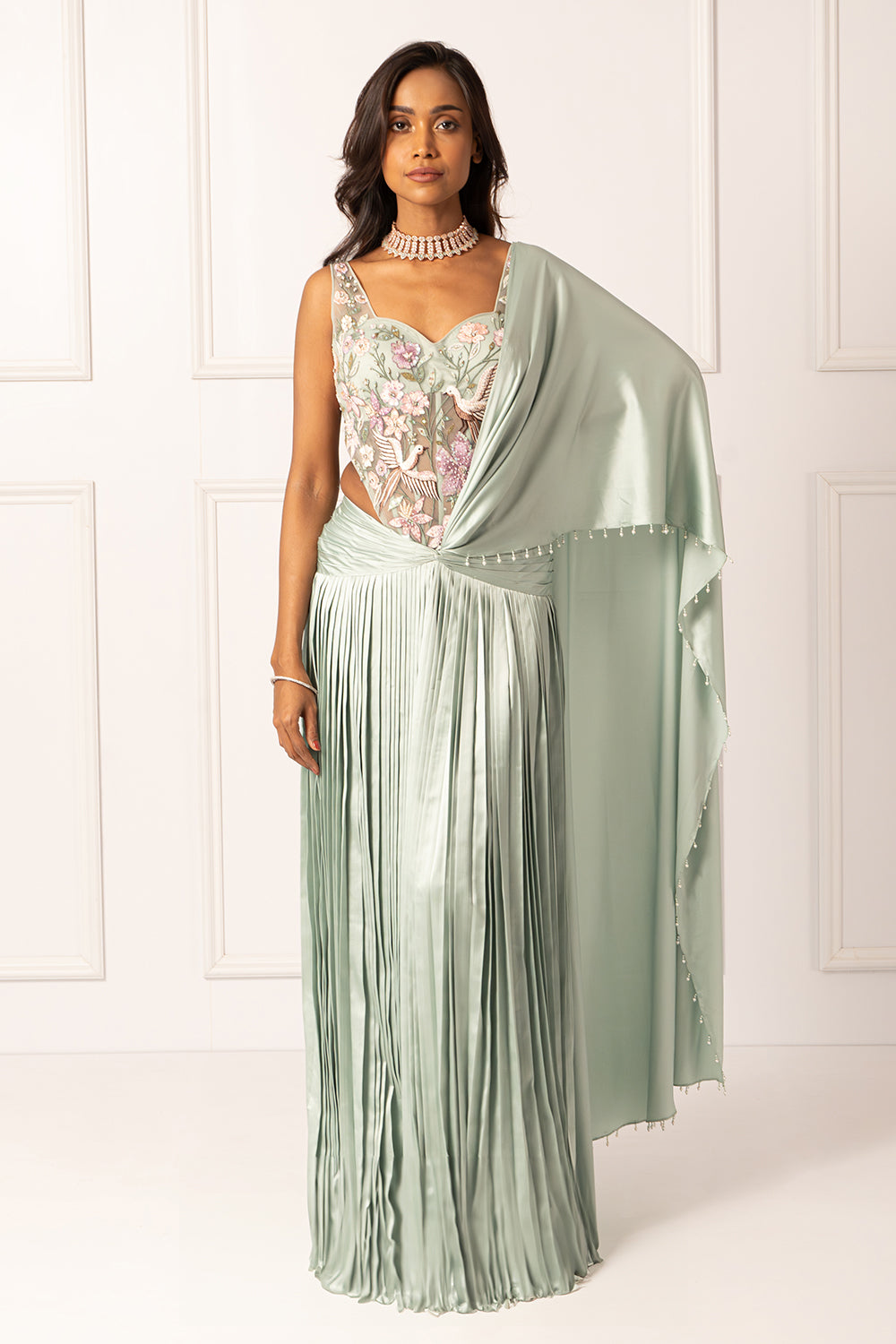 Sage green drape saree set