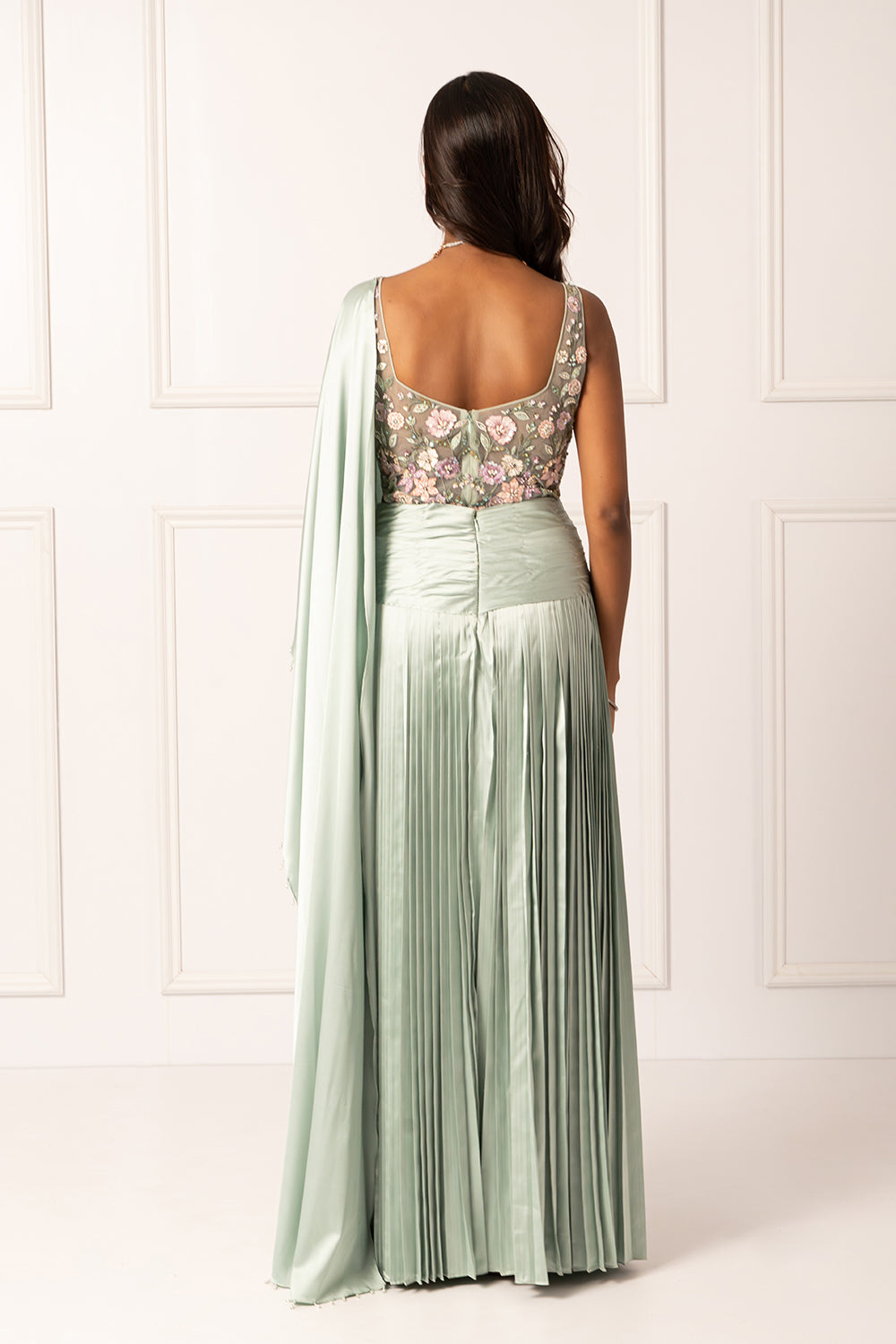 Sage green drape saree set