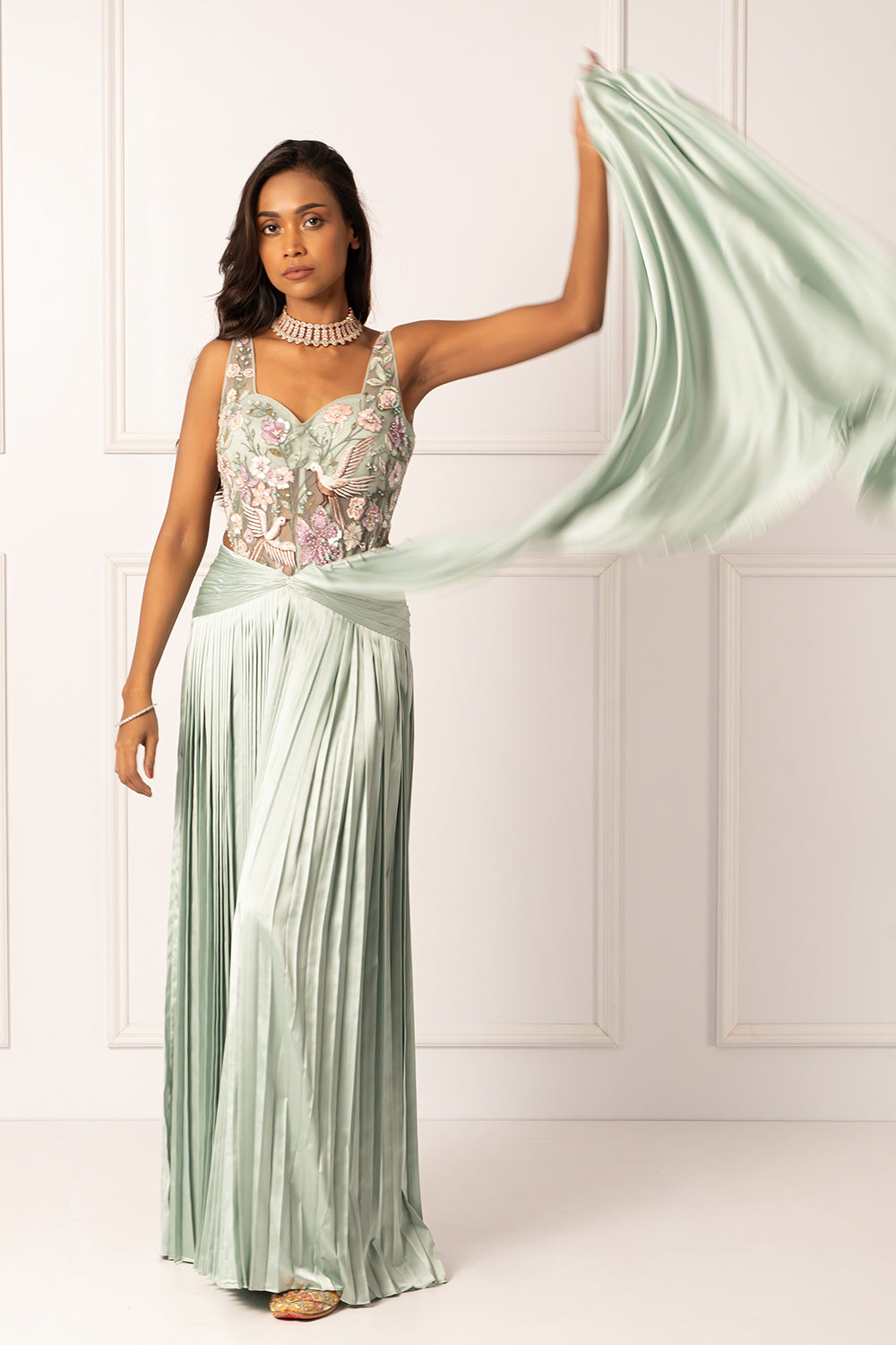 Sage green drape saree set