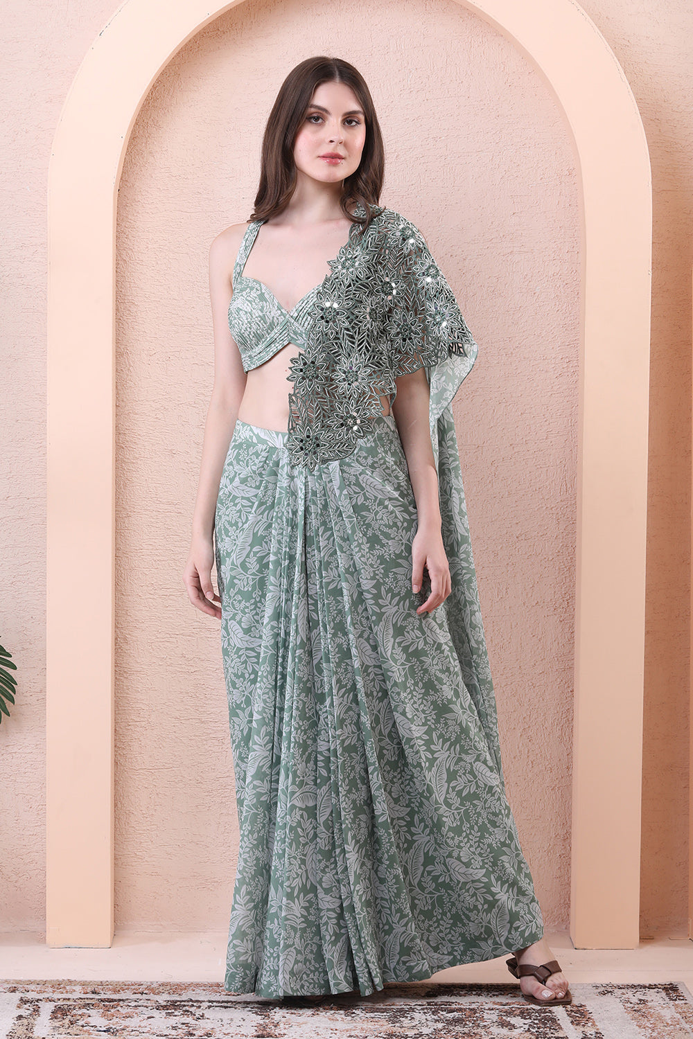 Sage Green Drape Saree With Embroidered Dupatta