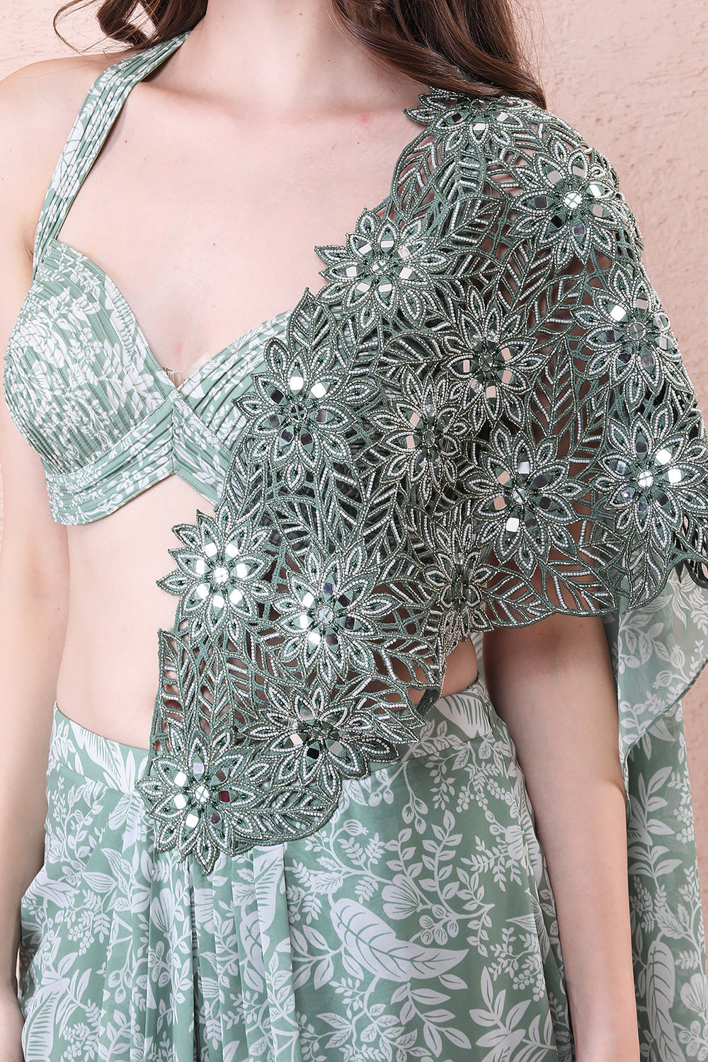 Sage Green Drape Saree With Embroidered Dupatta