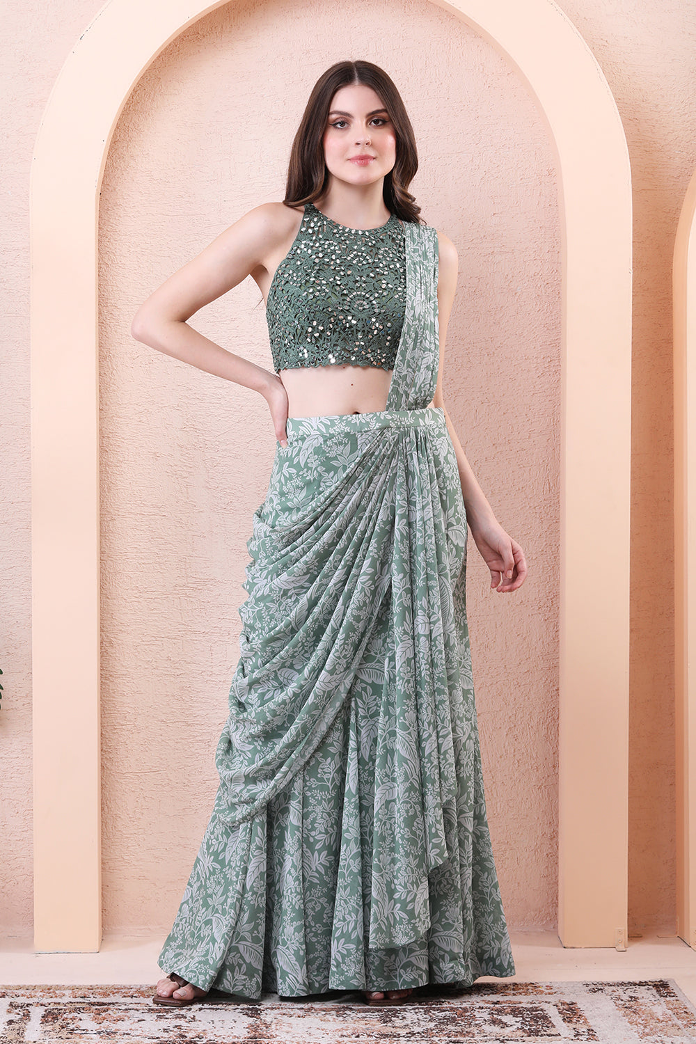 Sage Green Drape Saree With Halter Neck Mirror Blouse