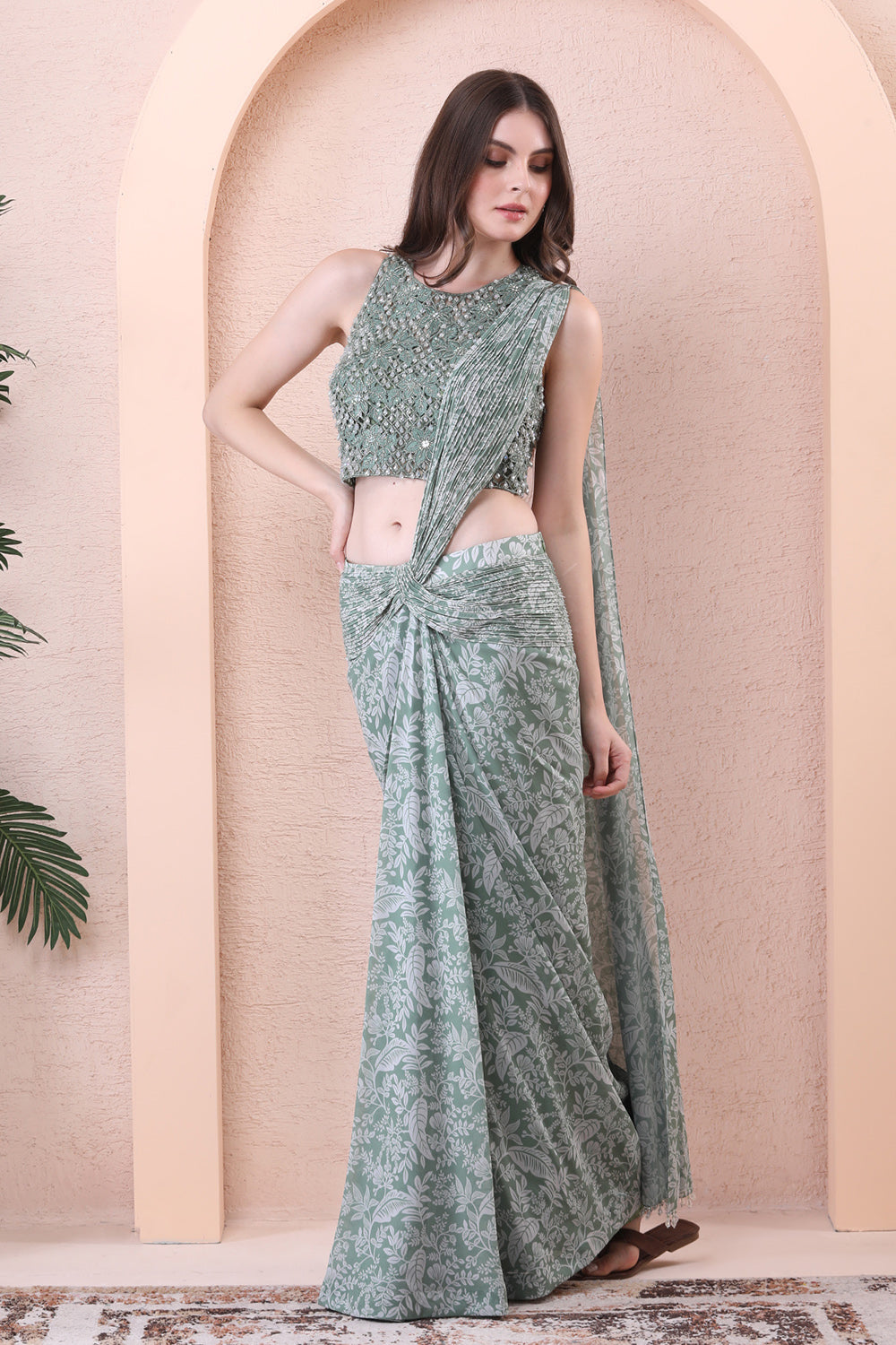 Sage Green Drape Saree With Tessal  Blouse