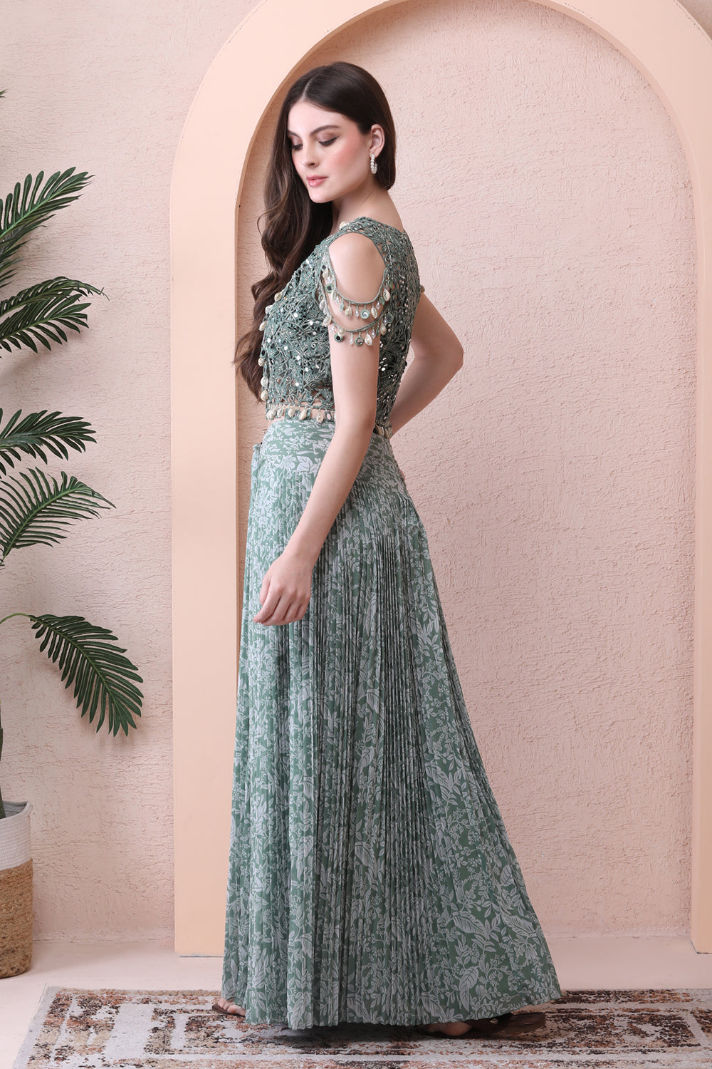 Sage Green Drape Saree With Tessal  Blouse