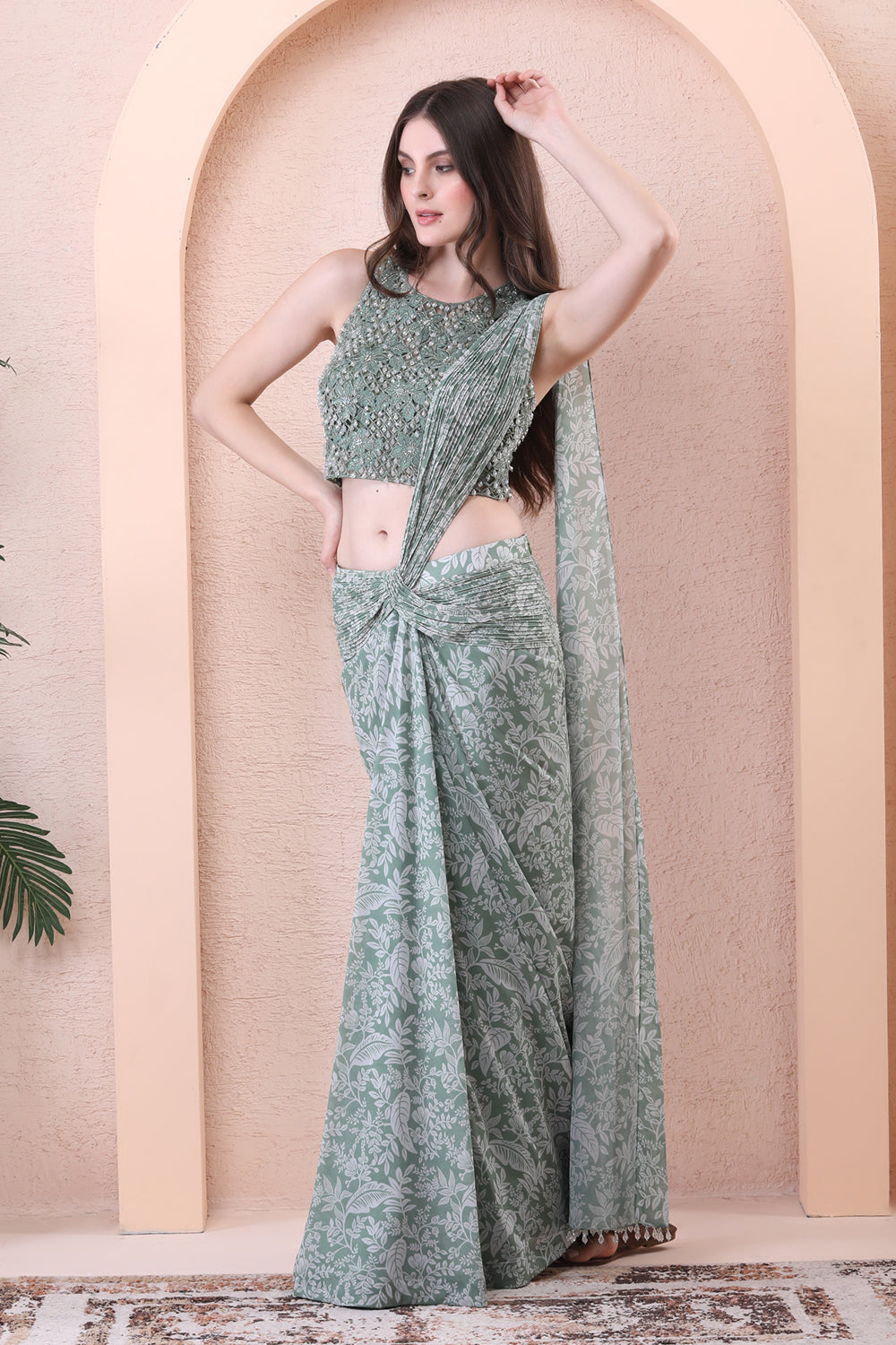 Sage Green Drape Saree With Tessal  Blouse