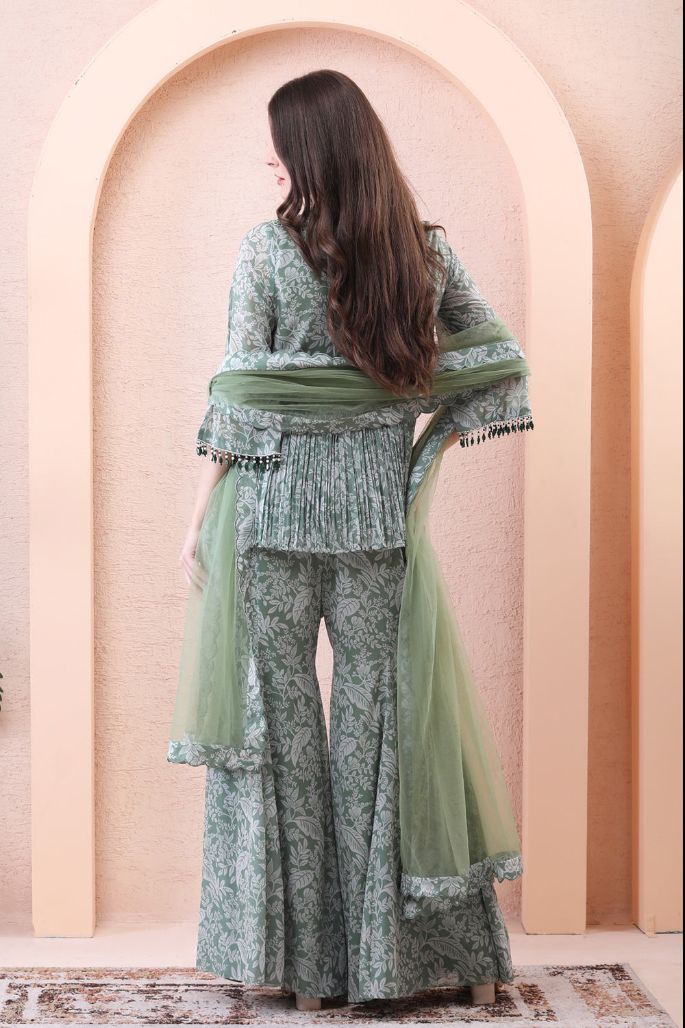 Sage Green Draped Angrakha Kurta Sharara Set