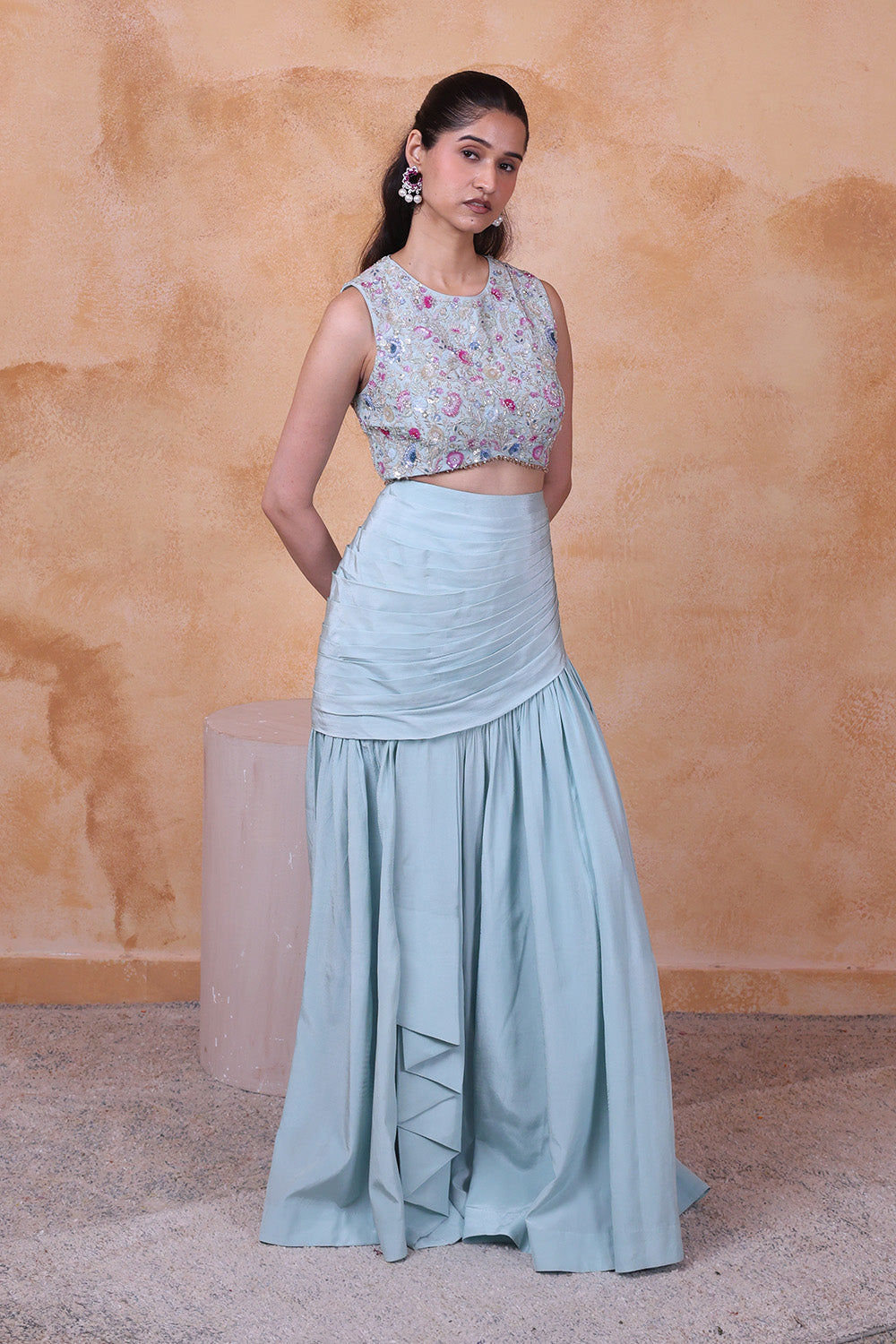 Sage Green Draped Skirt with Embellished Top Set