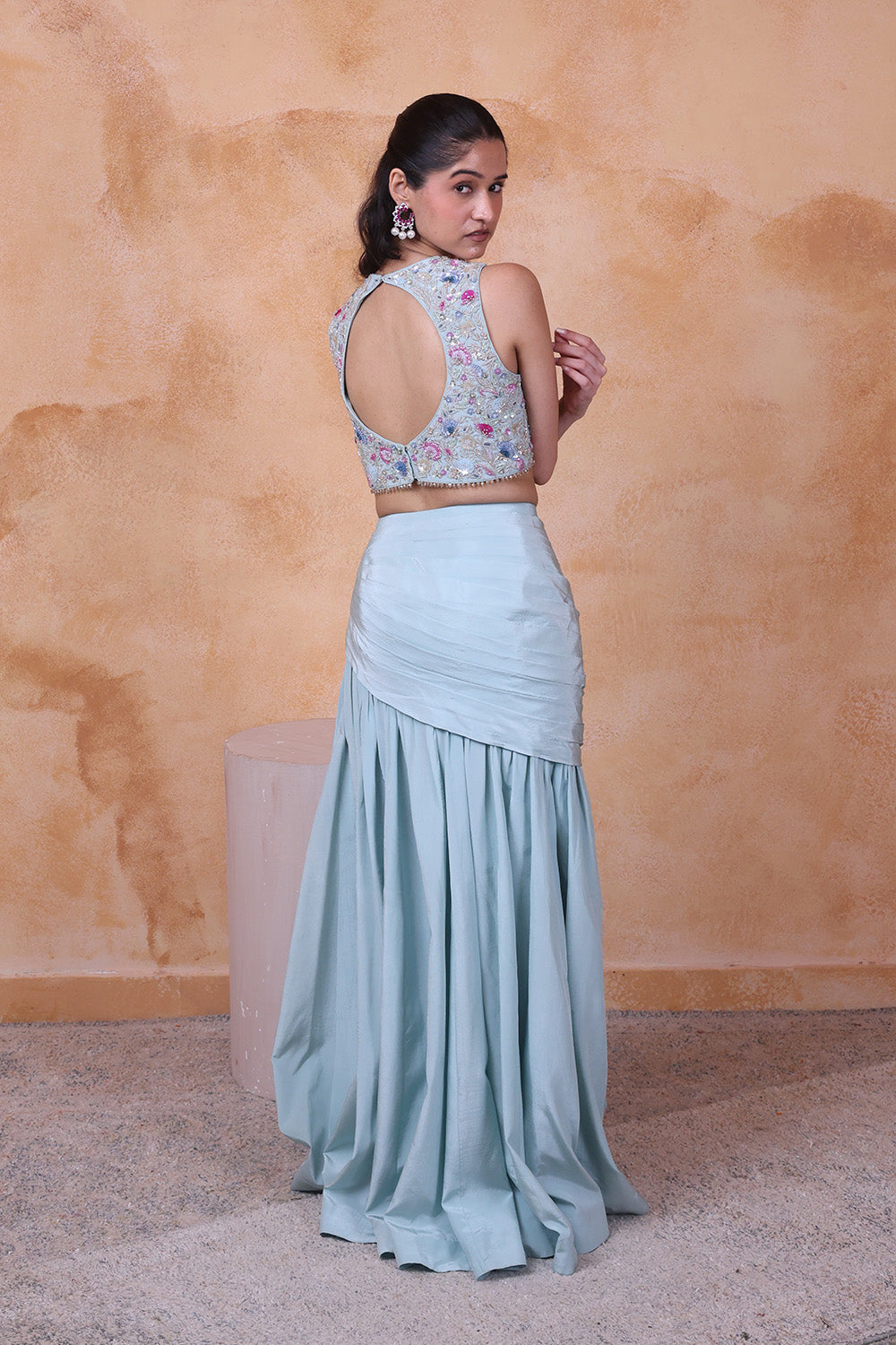 Sage Green Draped Skirt with Embellished Top Set