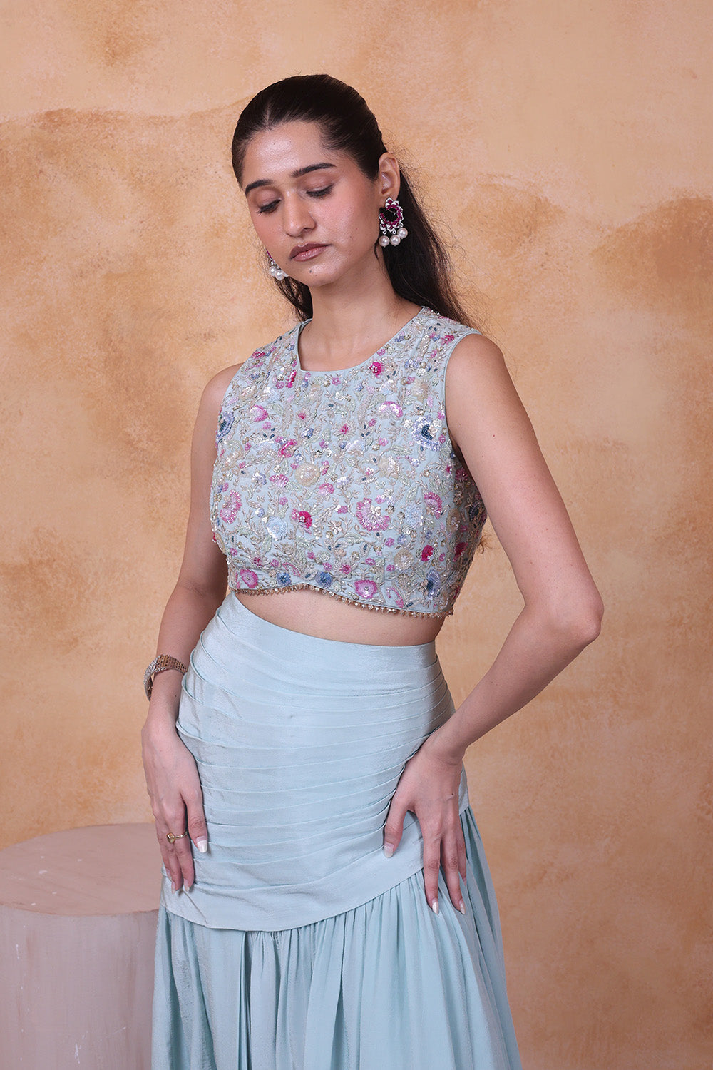 Sage Green Draped Skirt with Embellished Top Set