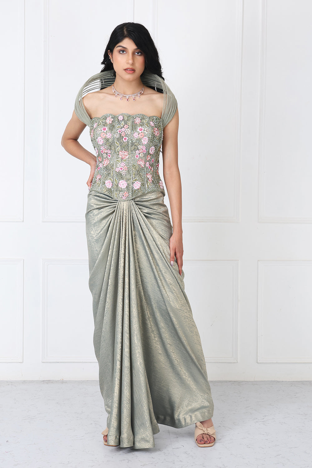 Sage Green Embroidered Corset With Drape Skirt