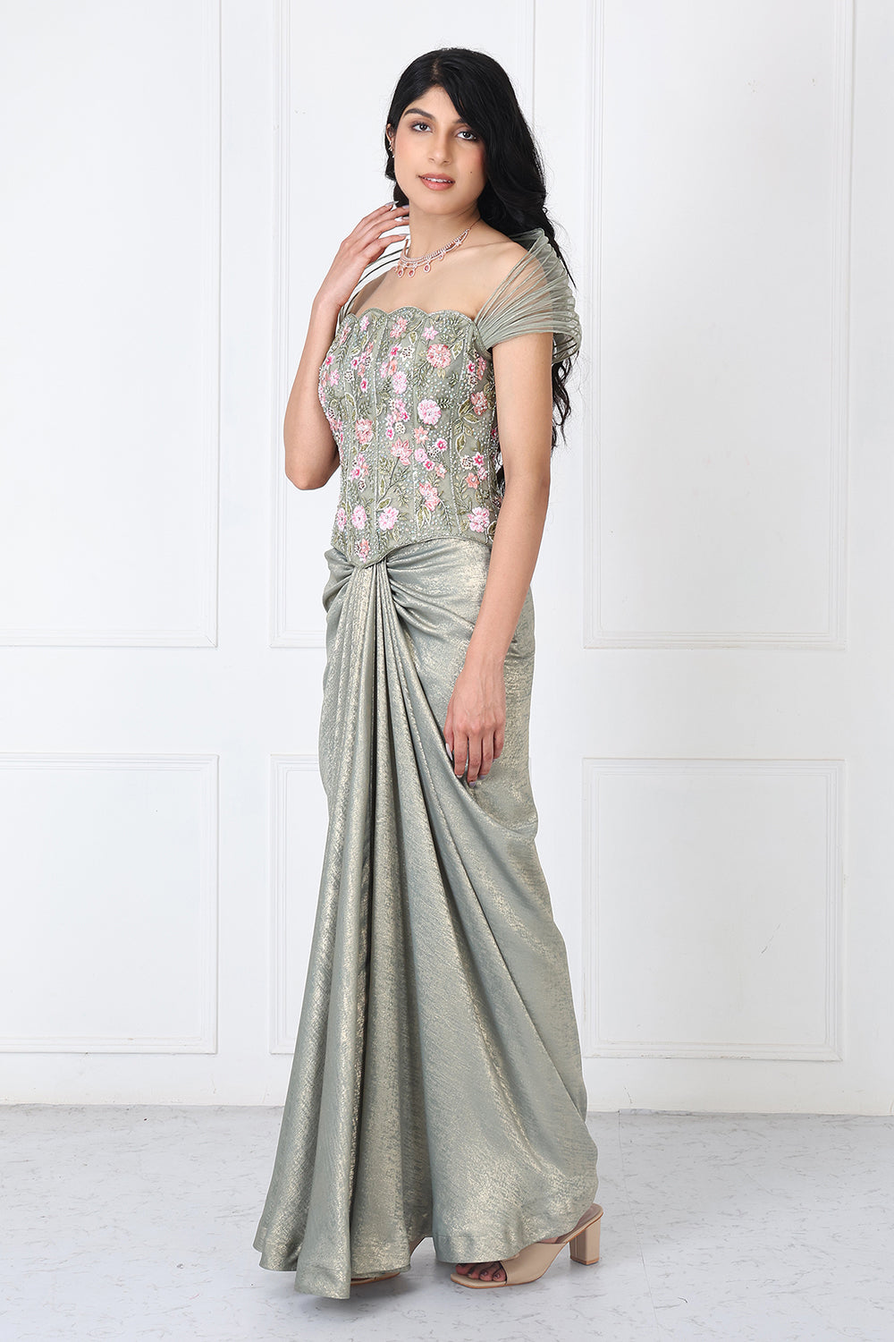 Sage Green Embroidered Corset With Drape Skirt