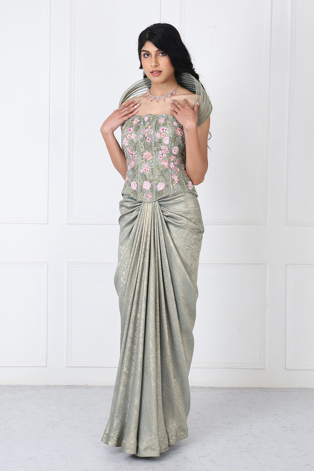 Sage Green Embroidered Corset With Drape Skirt