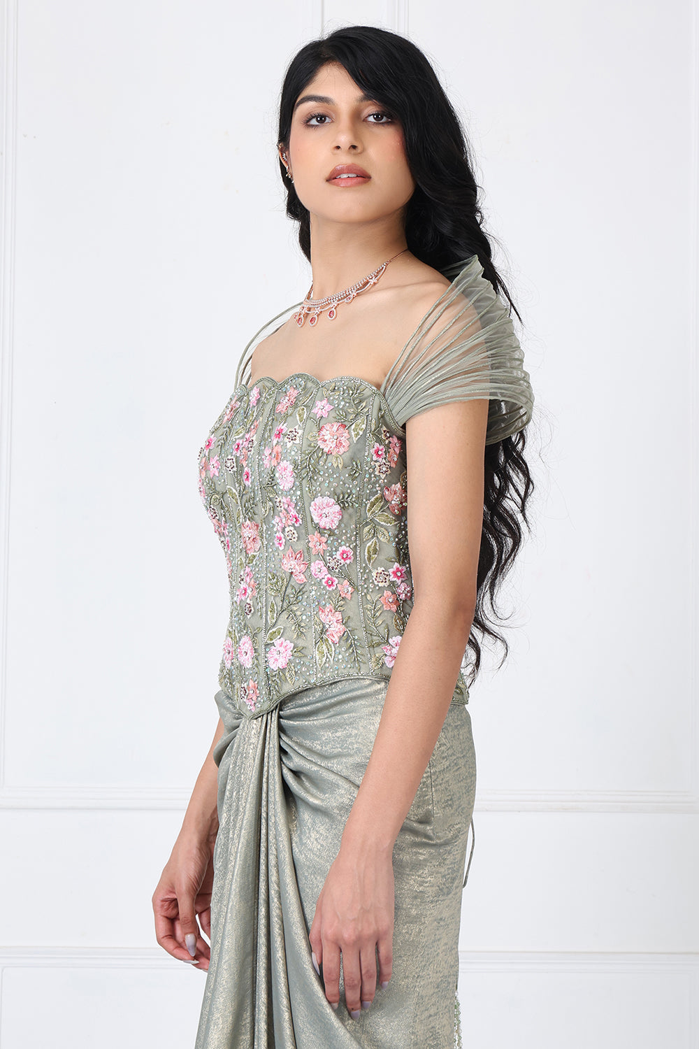 Sage Green Embroidered Corset With Drape Skirt