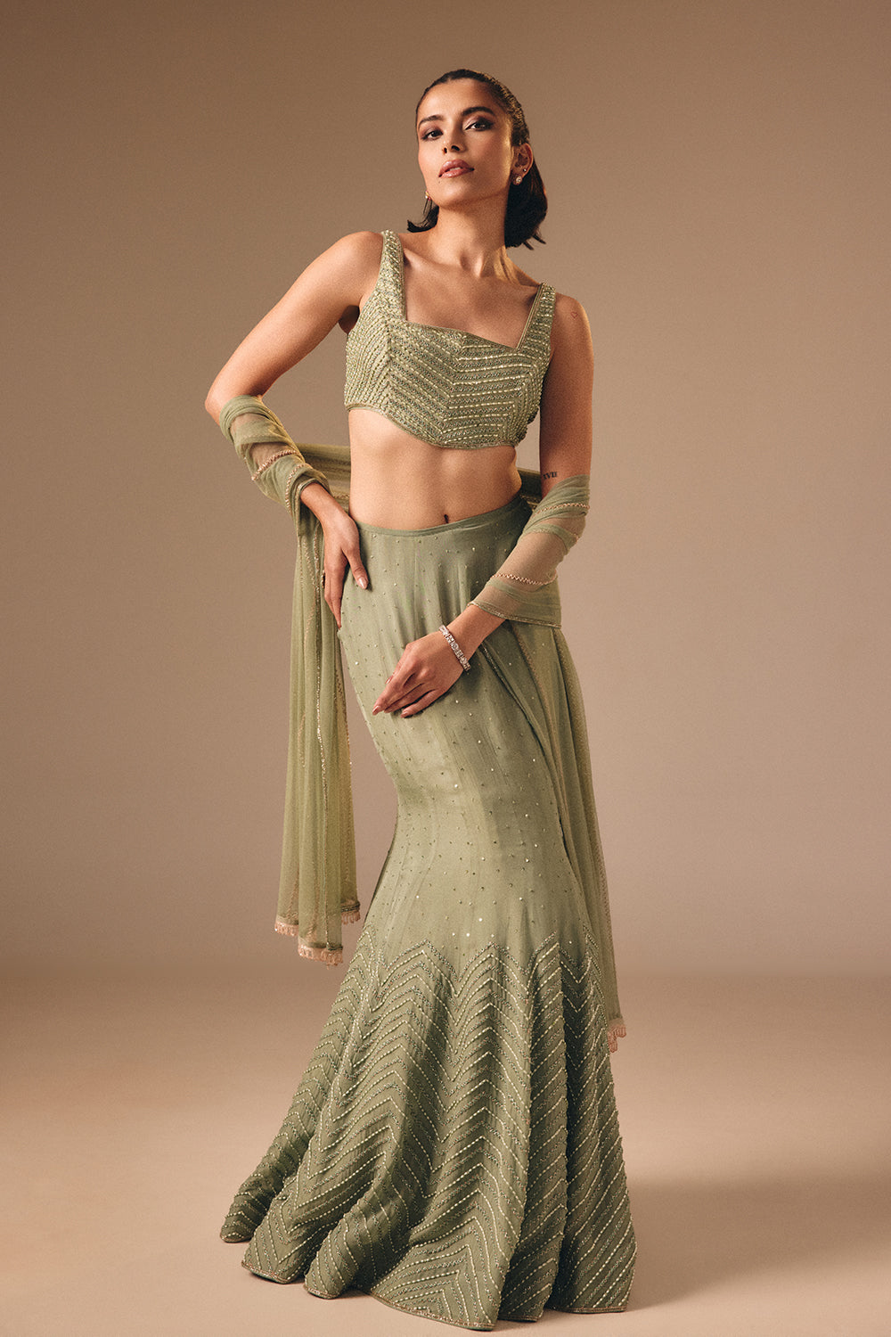 Sage Green Fishcut Skirt Set