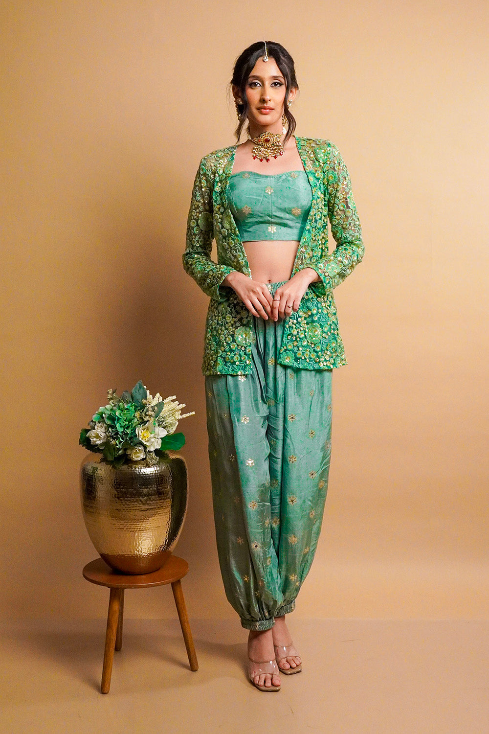 Sage Green Jacket with Balloon Pants Set