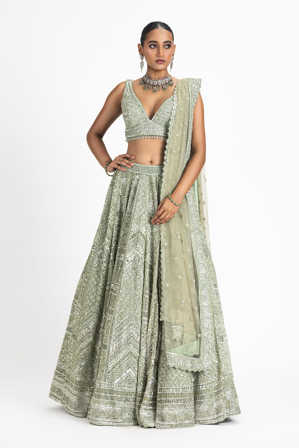 Sage Green Net Lehenga Set