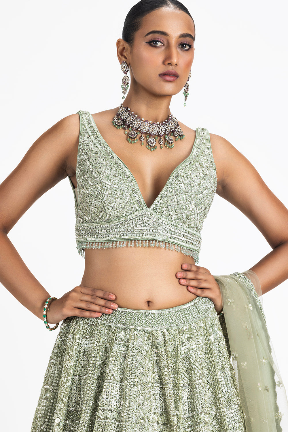 Sage Green Net Lehenga Set