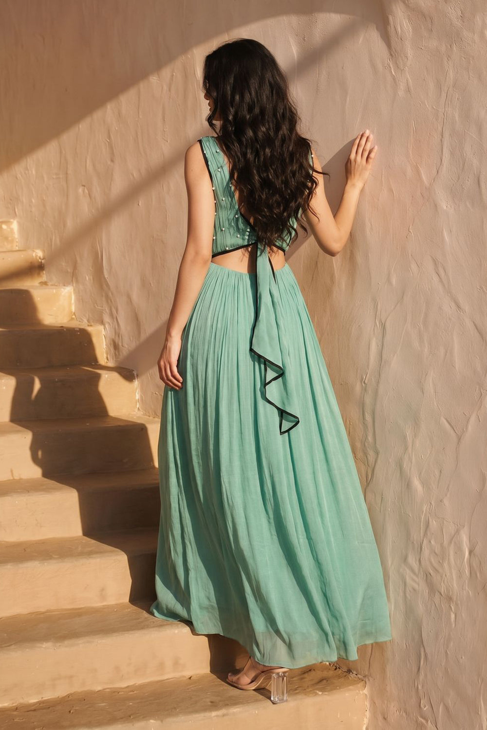 Sage Green Pearl Embellished Maxi Dress Green