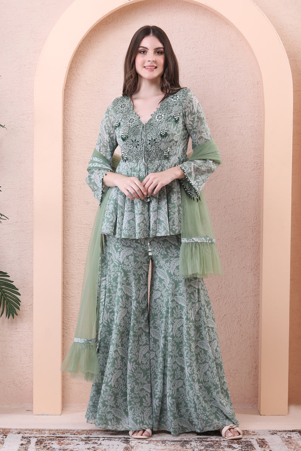 Sage Green Printed Anarkali Set