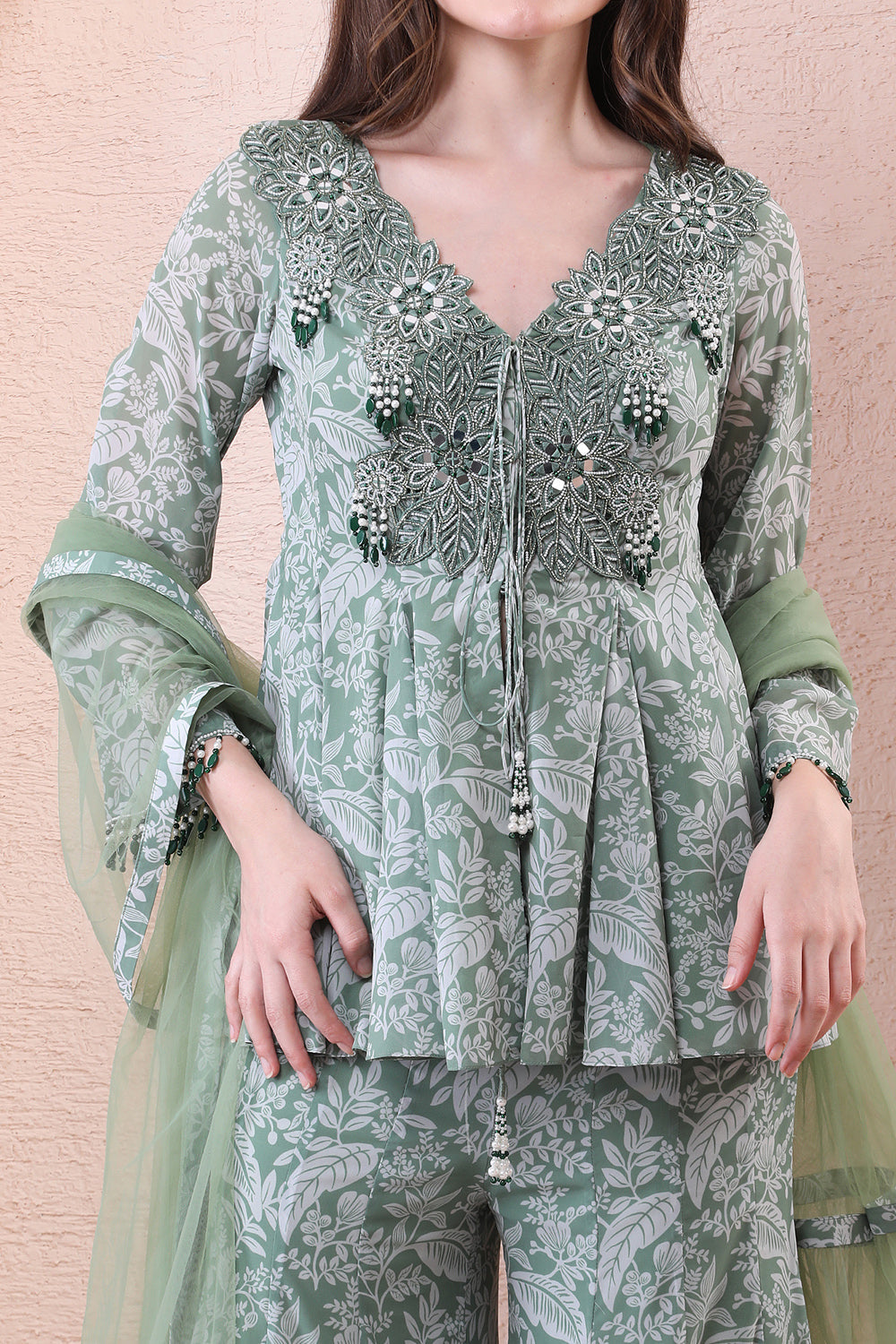 Sage Green Printed Anarkali Set