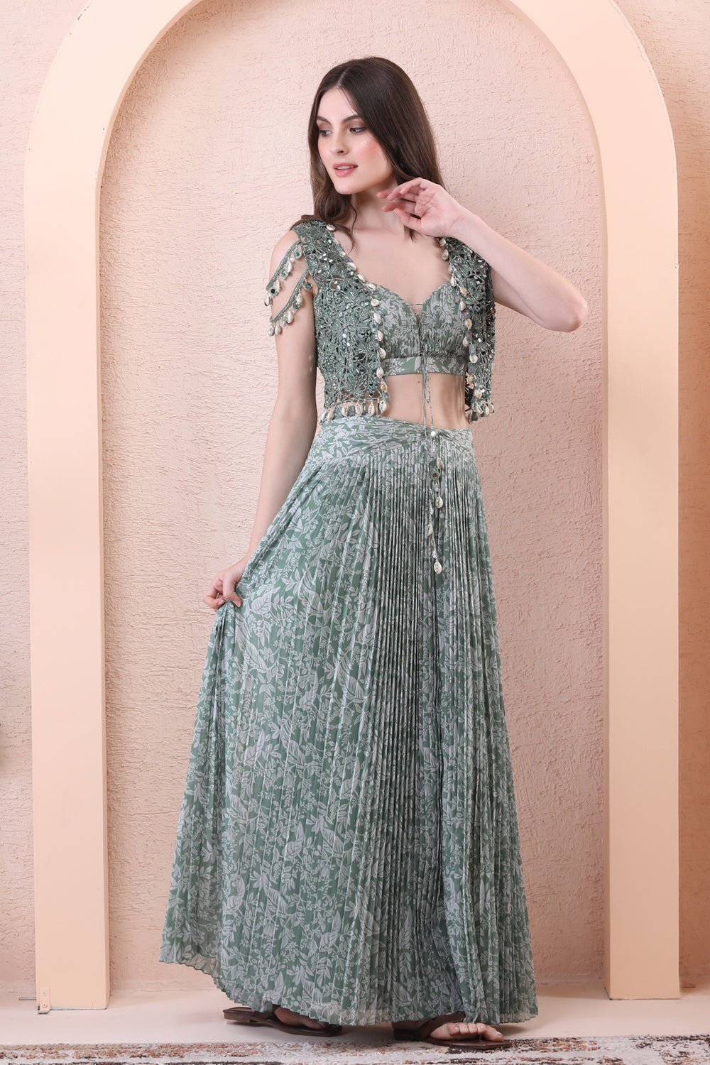 Sage Green Printed Pleated Skirt With Mirror Jacket
